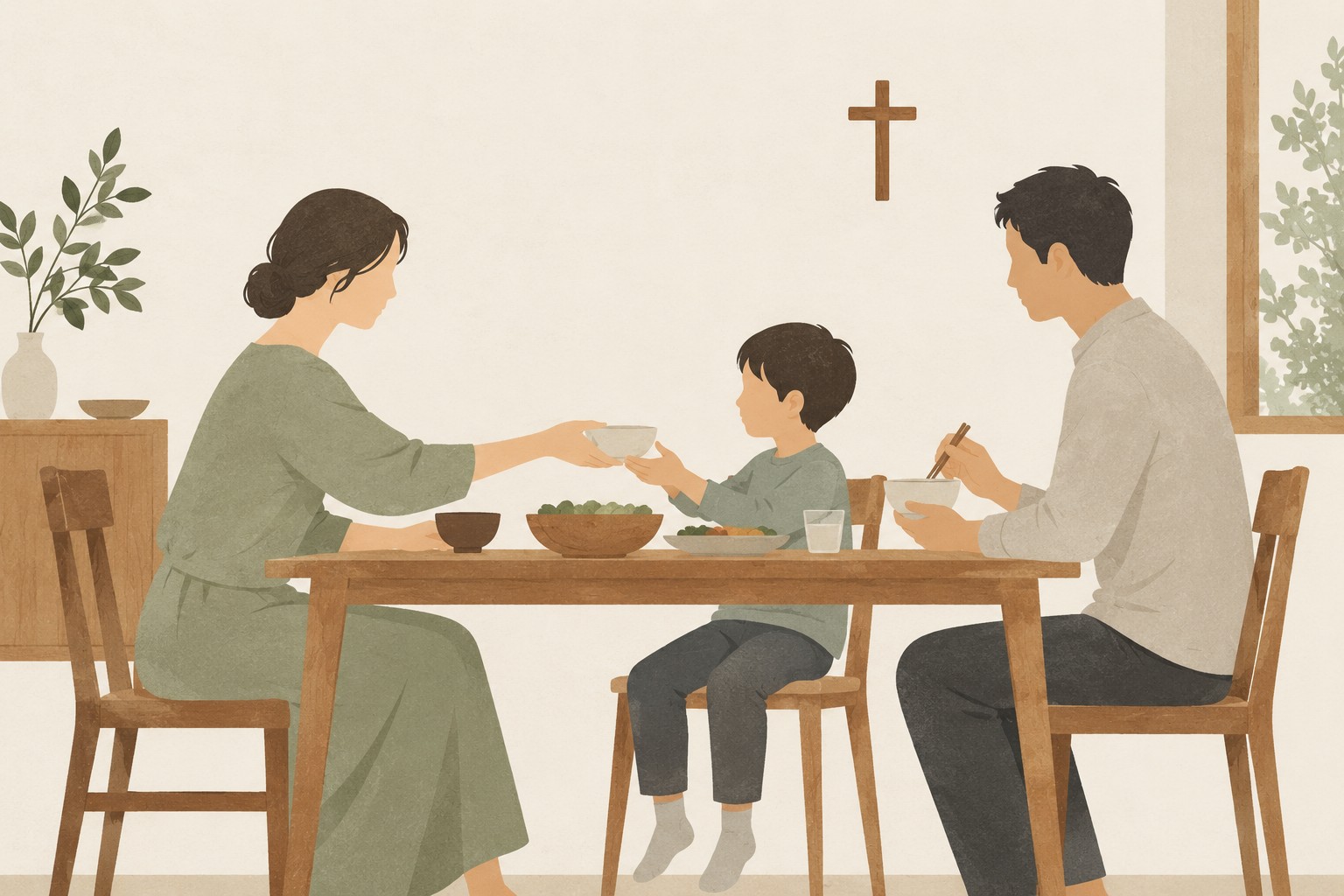 食卓で母親から器を受け取る子どもと、隣に座る父親。壁には小さな十字架がある。