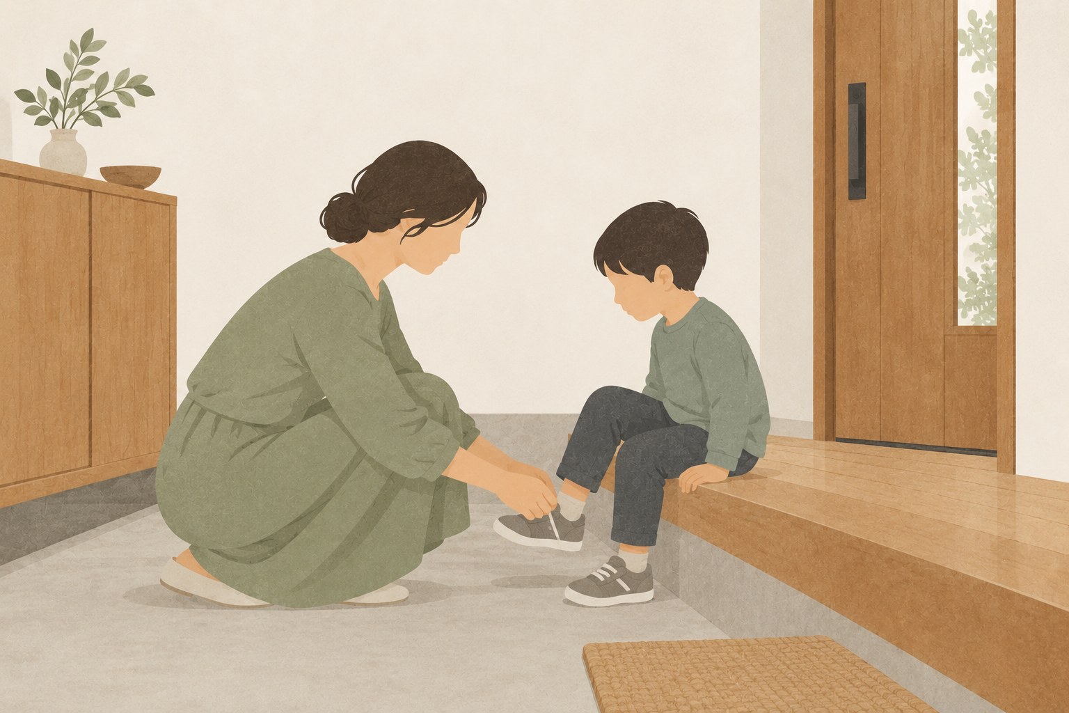 玄関で母親が子どもの靴ひもを結ぶ。