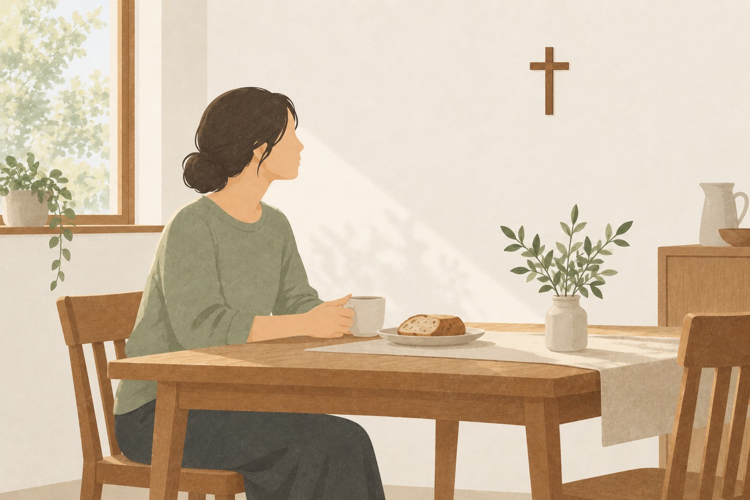朝の食卓で、女性がパンと飲み物を前に静かにひと息つく。