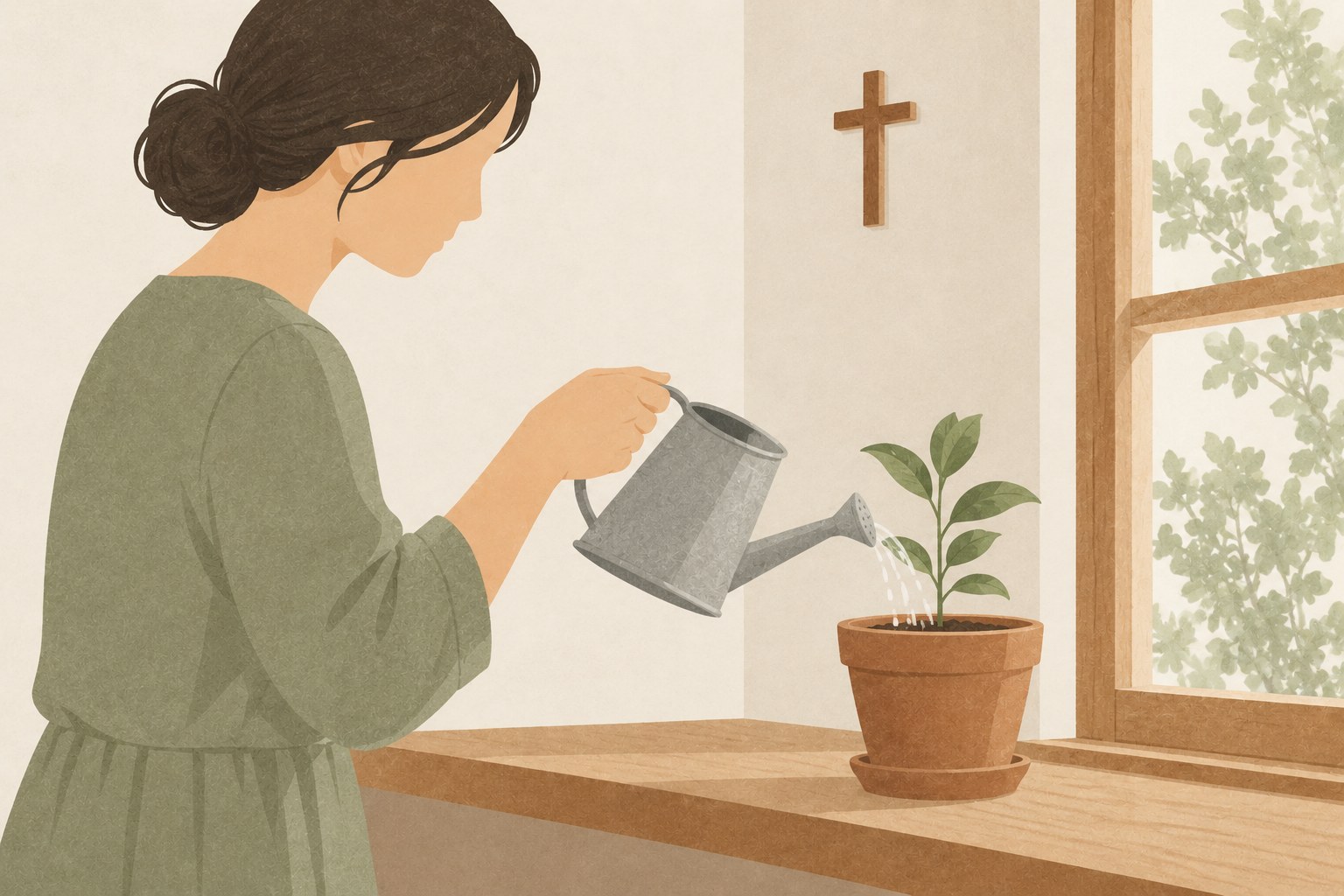 窓辺の鉢植えに女性が水を注ぐ。