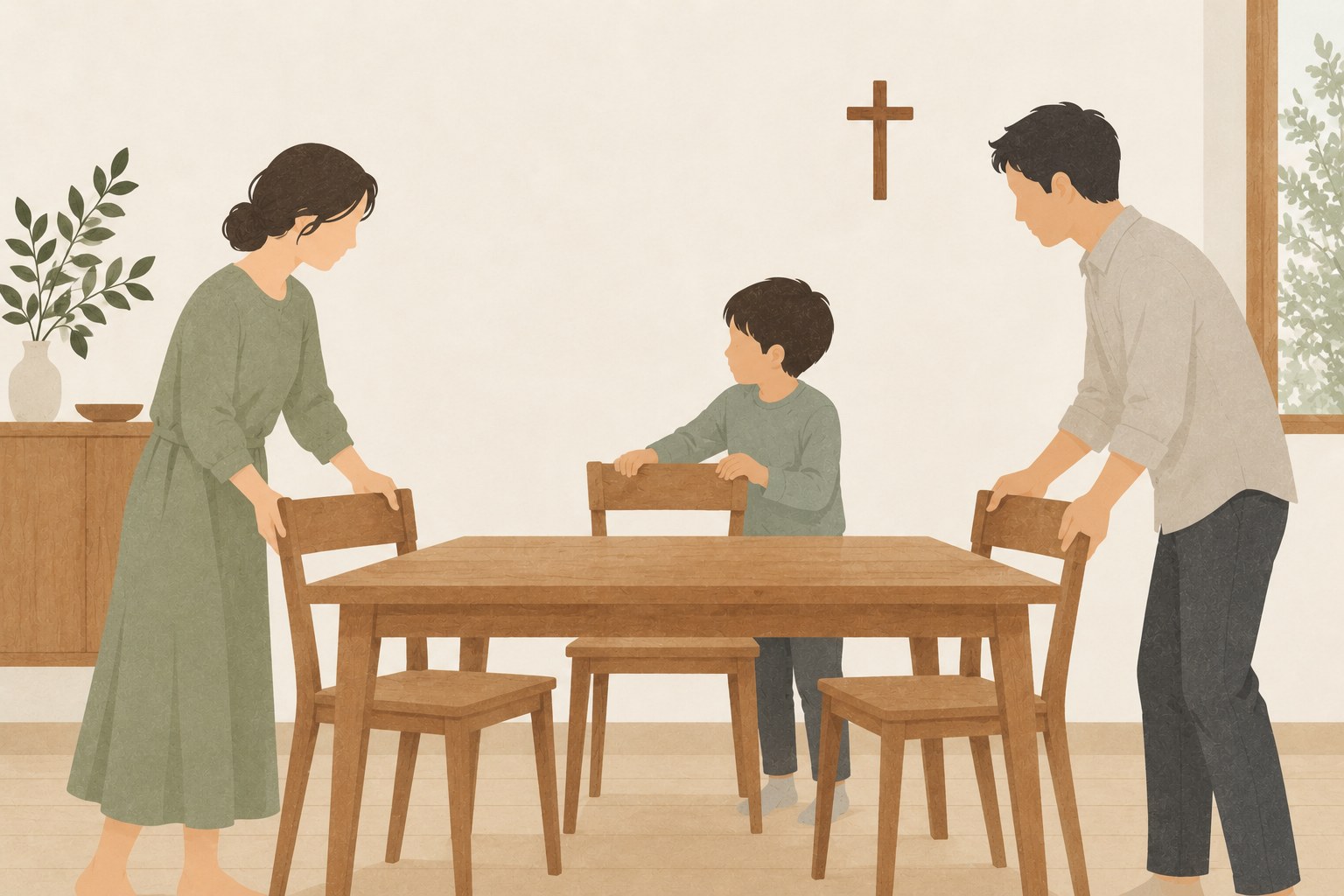 家族三人で食卓の椅子を整える。
