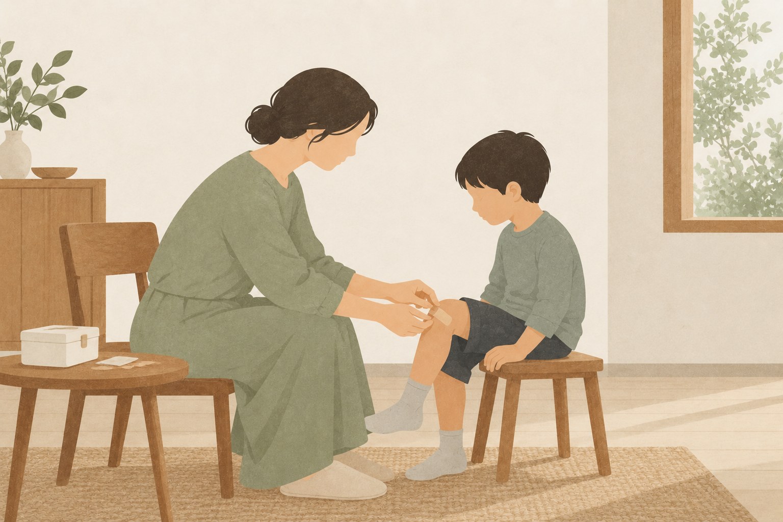 母親が子どもの膝にばんそうこうを貼る。