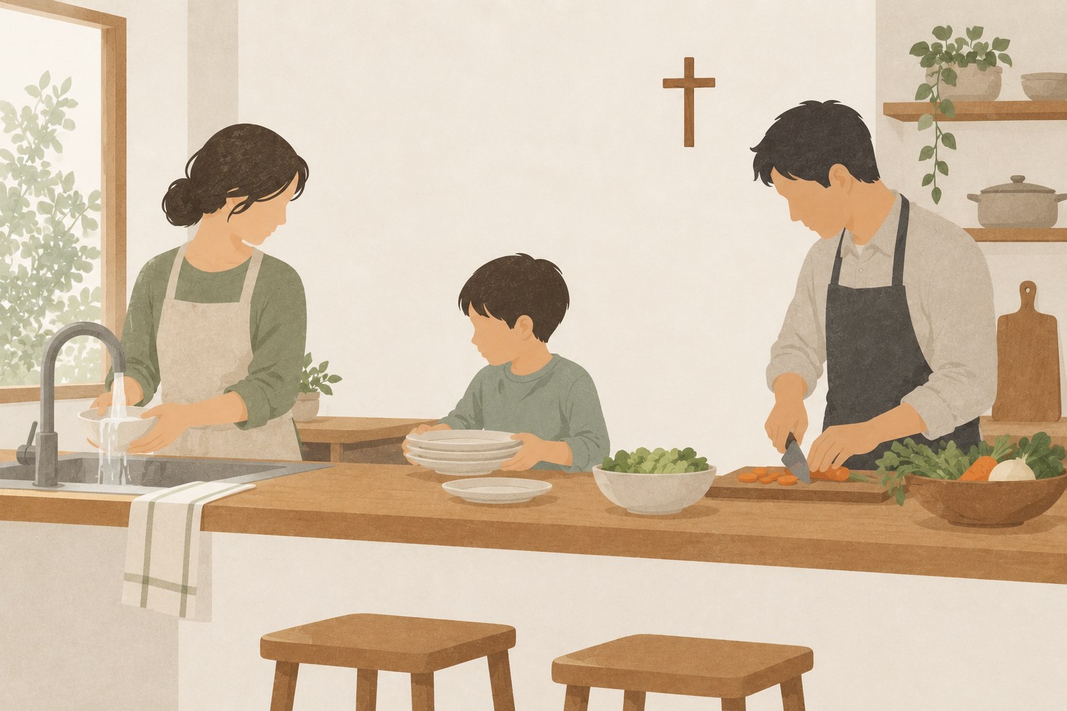 家族三人で食事の準備をする。