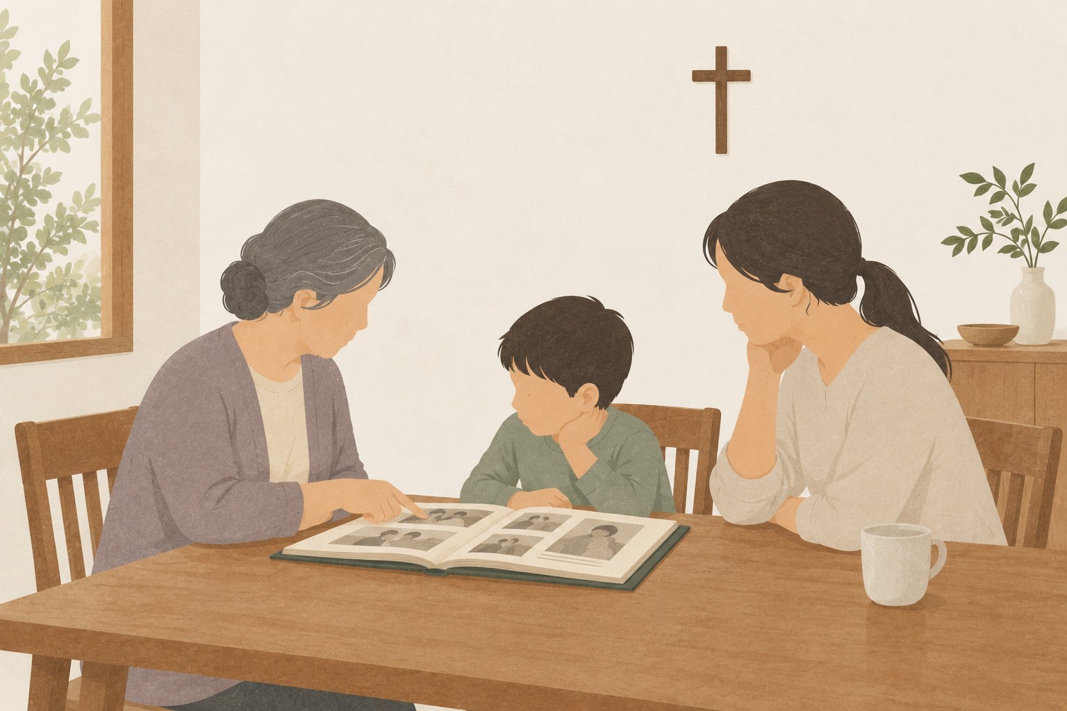 祖母と母親、子どもが一緒に家族の写真アルバムを見る。