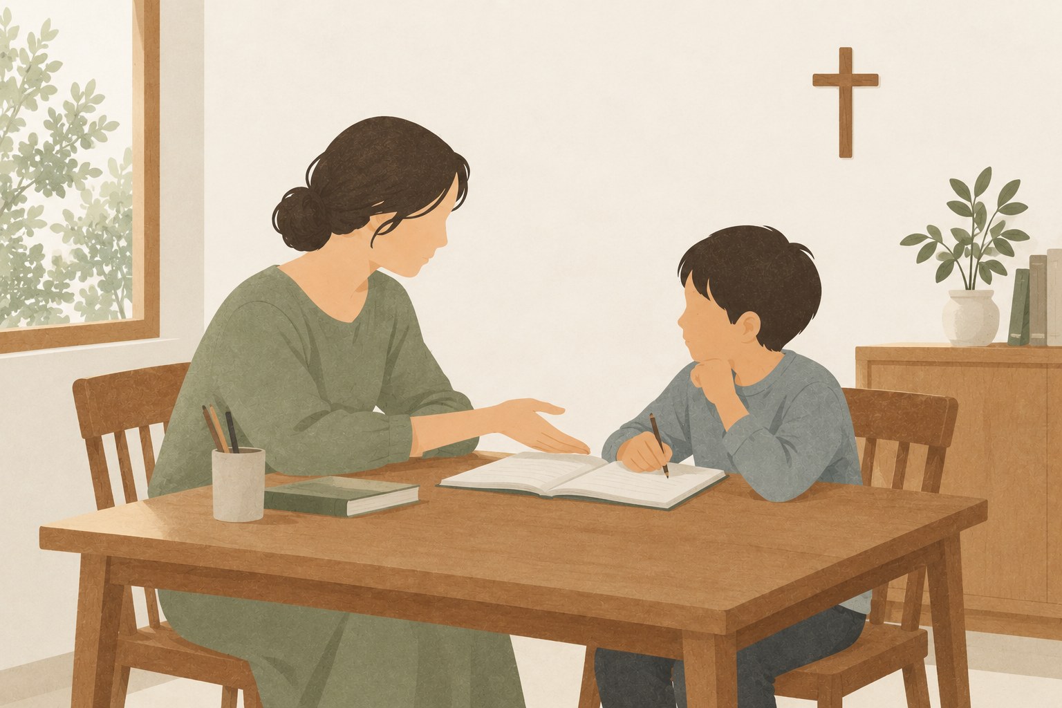 母親が子どもとノートを見ながら、穏やかに話をする。